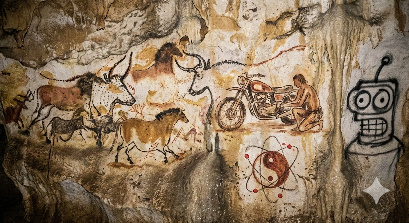 “One Wall, One Species, Many Millennia. The bot on the right still thinks it’s special.” (Image by Nano Banana)